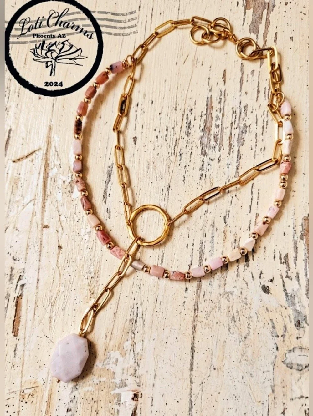Natural Peruvian Pink Opal Beads & Pendant In Two Strand Paperclip Necklace